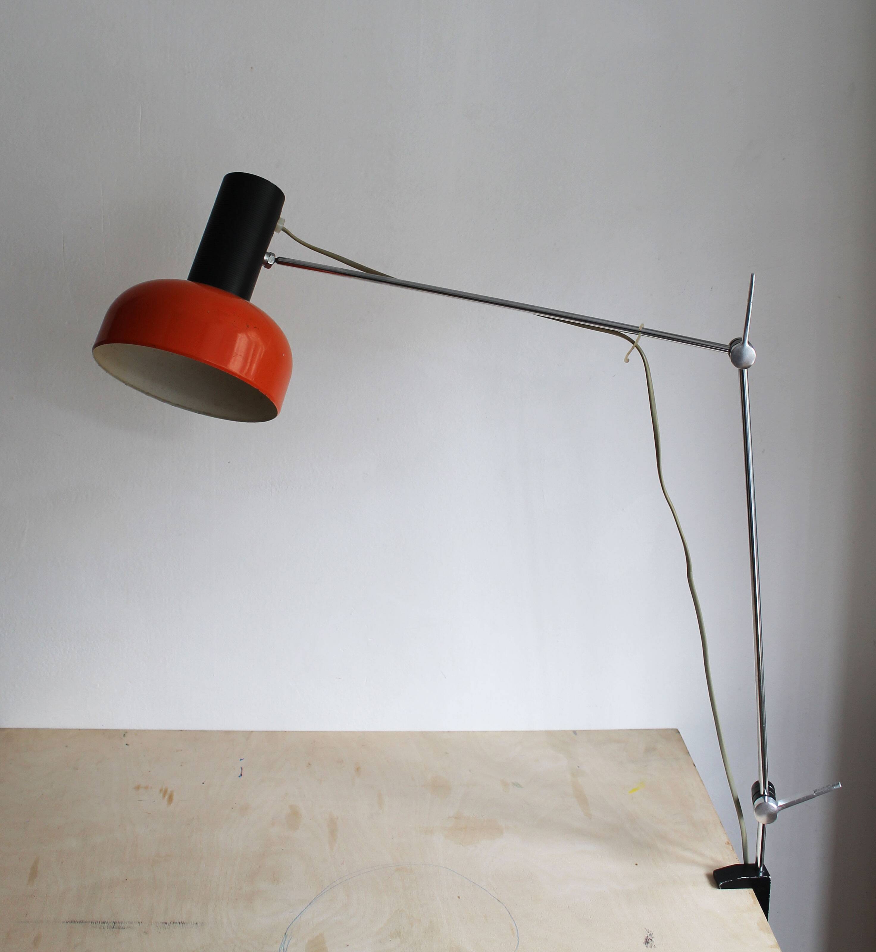 1970s Czechoslovak Orange Clamp Lamp by NAPAKO
