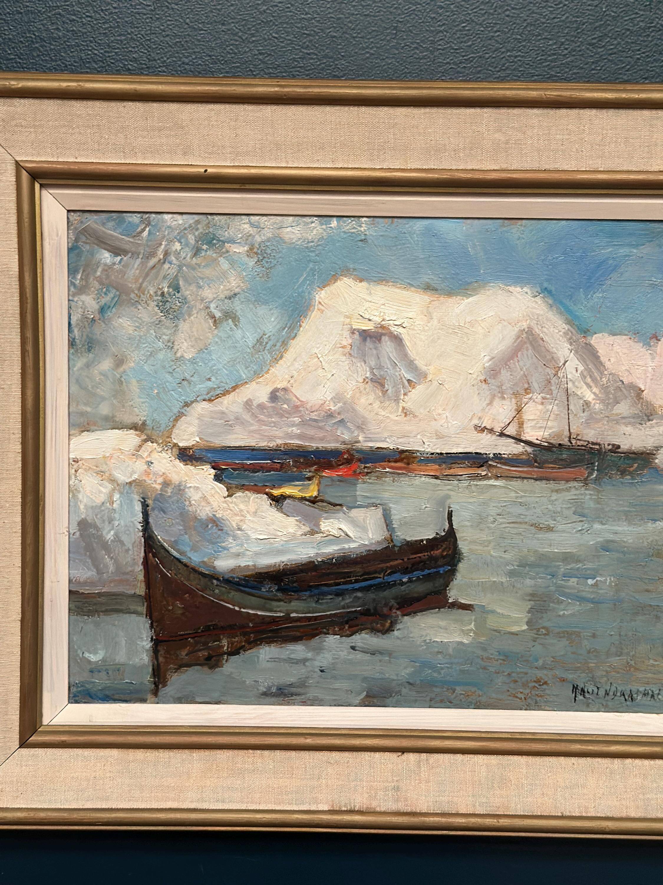 Original Swedish Oil on Panel – “Winter Harbor” by Knut Norman – Signed – Vintage & Framed