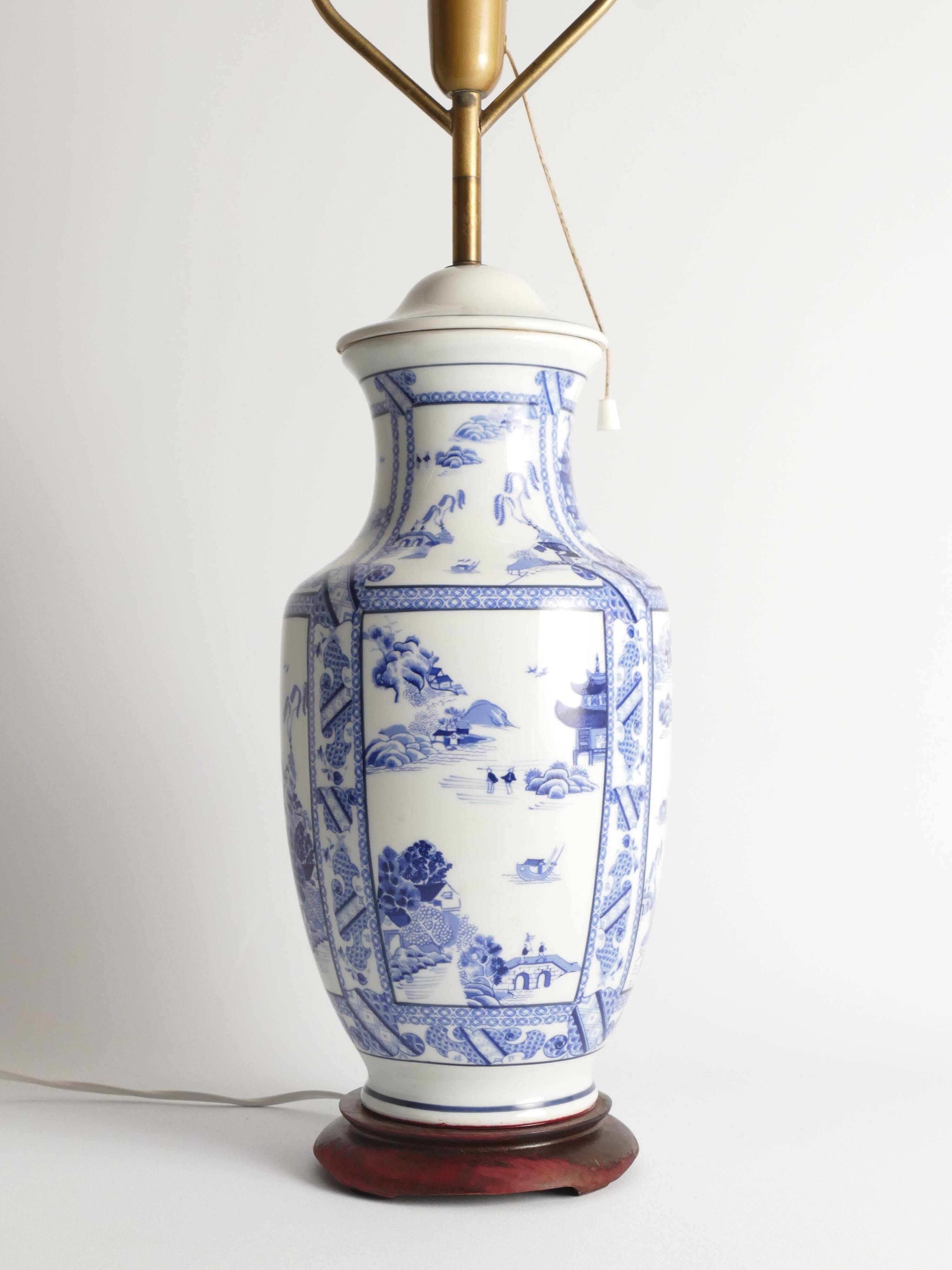 French Blue & White Willow Porcelain Table Lamp, by Louis Drimmer, Limoges