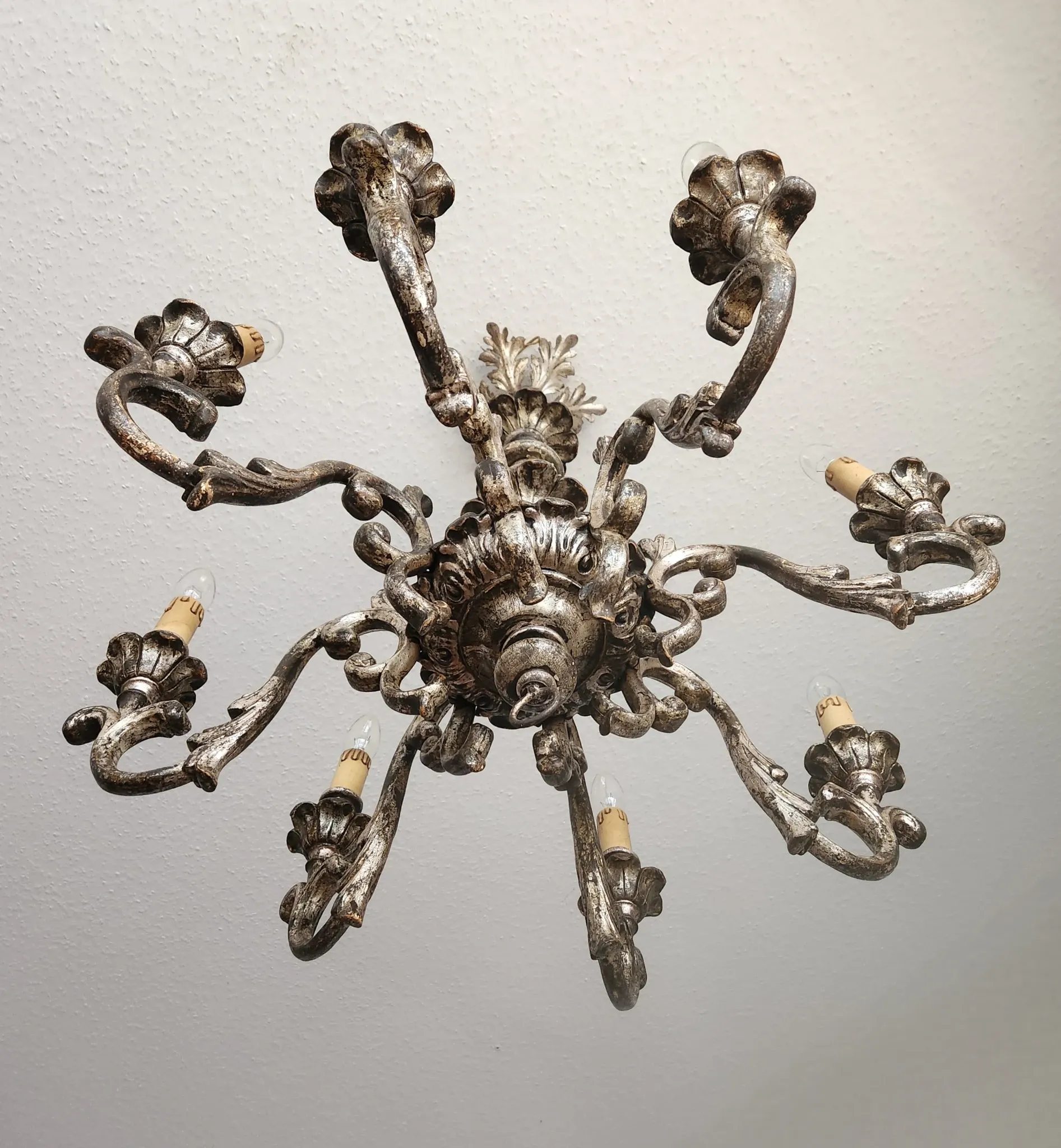 Xl Large Vintage Regency Mid Century Louis XV Baroque Rococo Hand Painted Carved Wood 8 Light Chandelier Floral, Italy, Florence 1920 1950