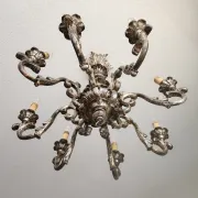 Xl Large Vintage Regency Mid Century Louis XV Baroque Rococo Hand Painted Carved Wood 8 Light Chandelier Floral, Italy, Florence 1920 1950