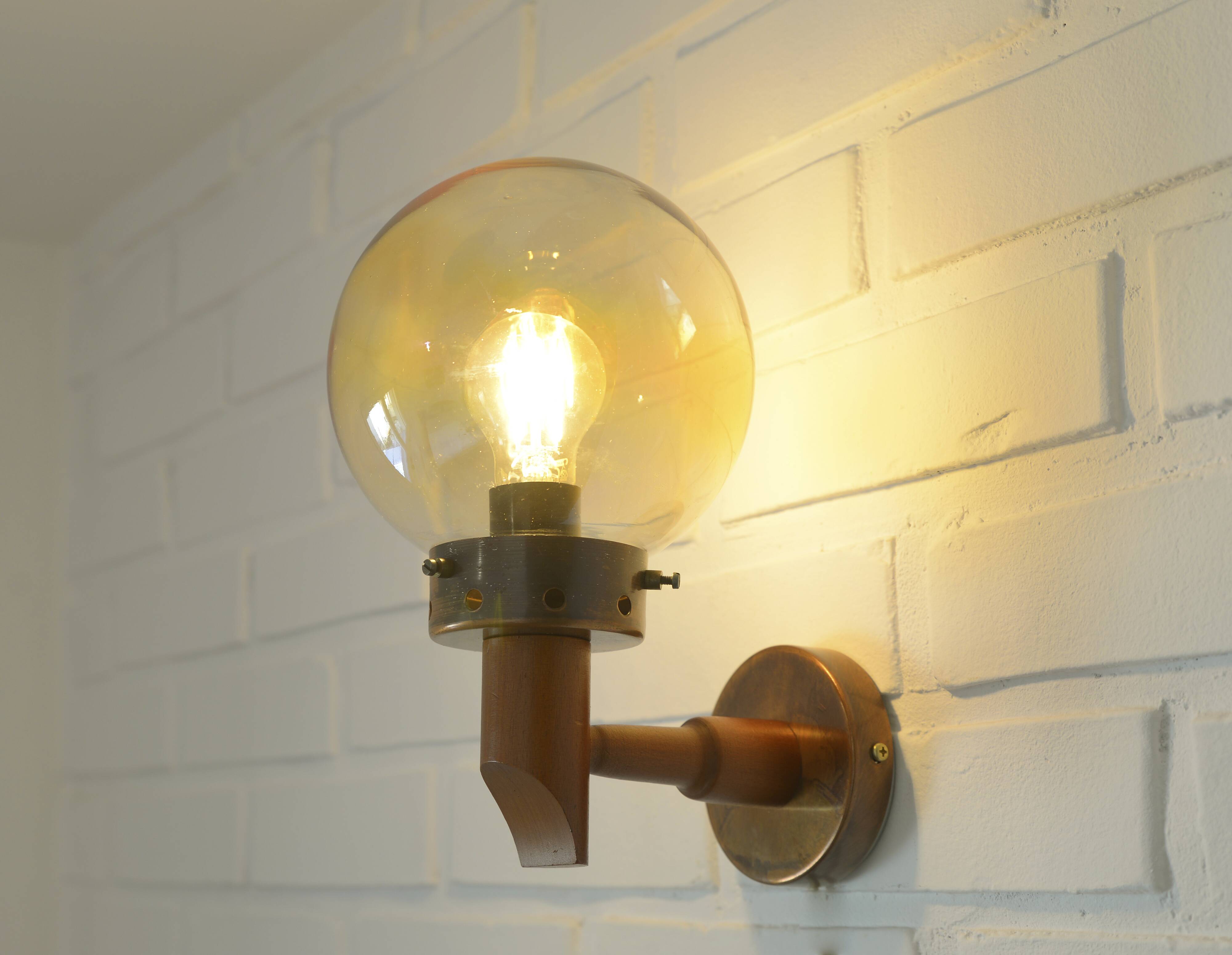 1 of 6 vintage wall lamps, rustic sconces, wood and copper amber glass 1980