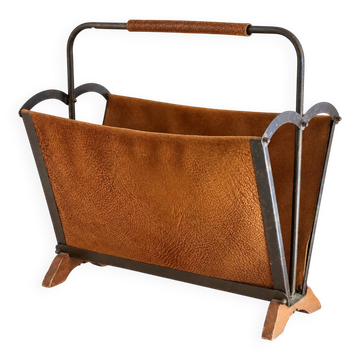 Vintage magazine rack from the 1950s, leather, brass, wood.