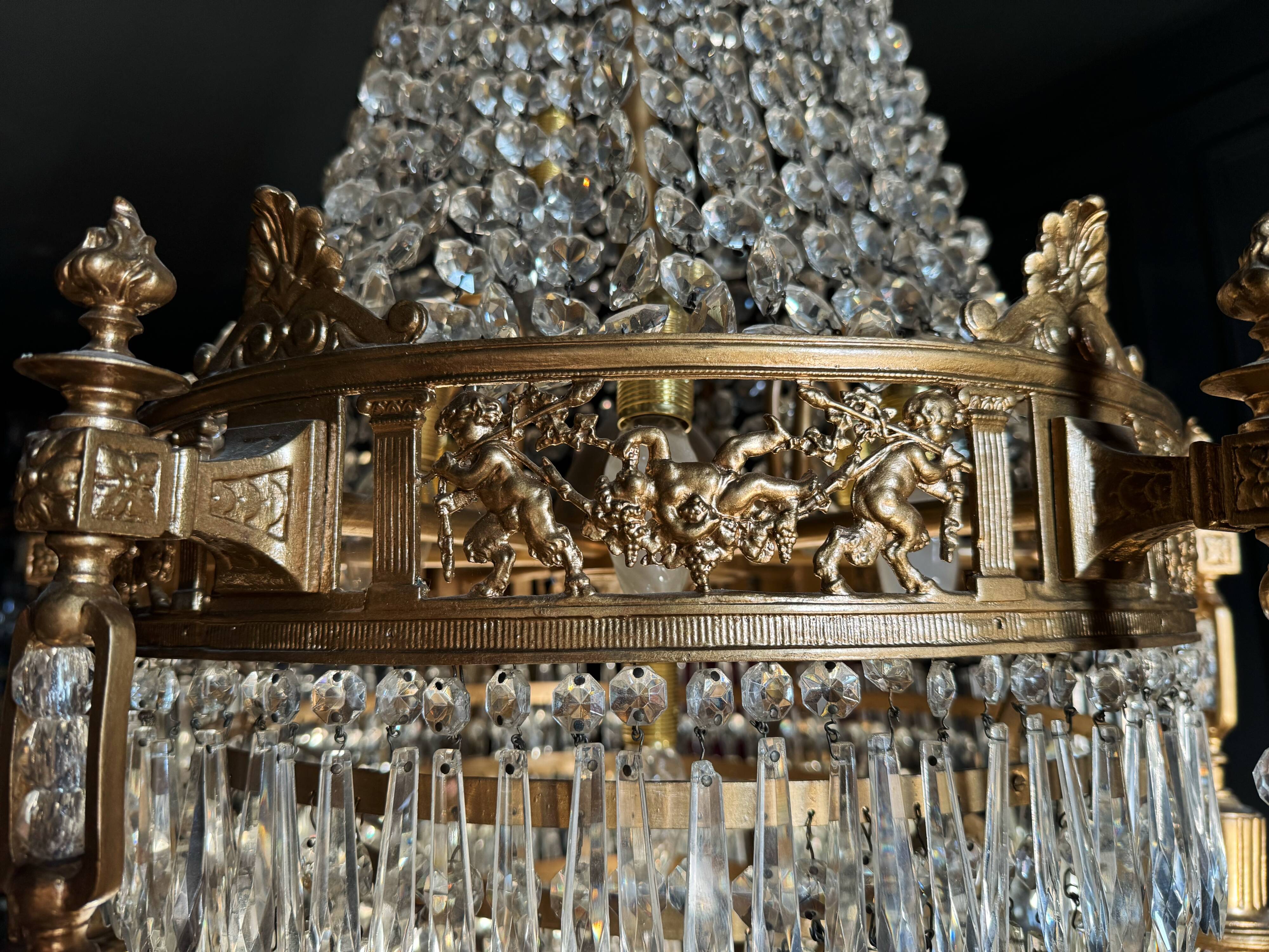 19th Century Louis XVI Style Gilt Bronze Chandelier With Crystal Tassels - H125cm