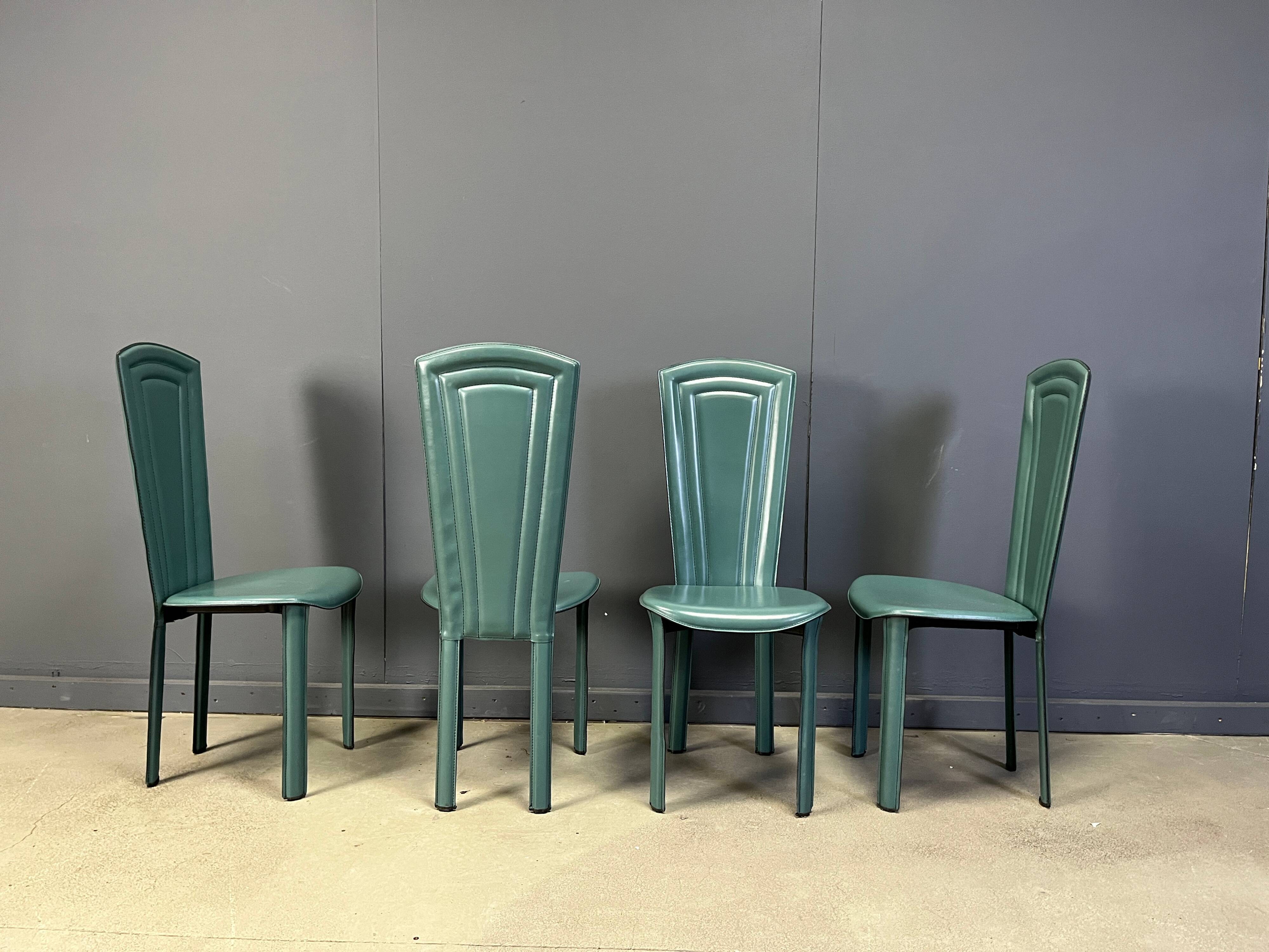 Vintage green leather dining chairs, 1980s - set of 4