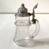 Bohemian crystal beer mug with chiseled pewter lid