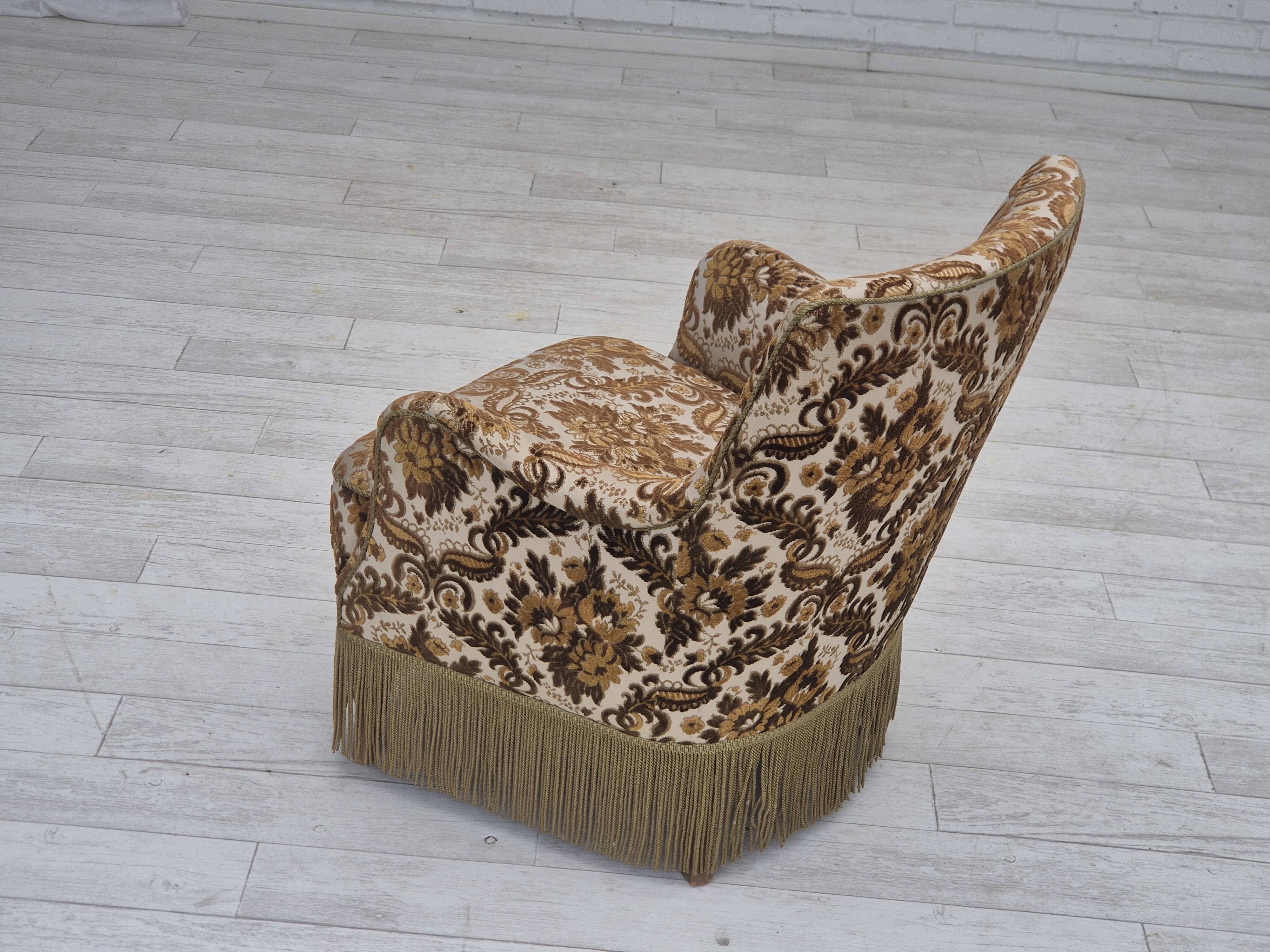 1960s, Danish armchair, furniture velour fabric, ash wood.