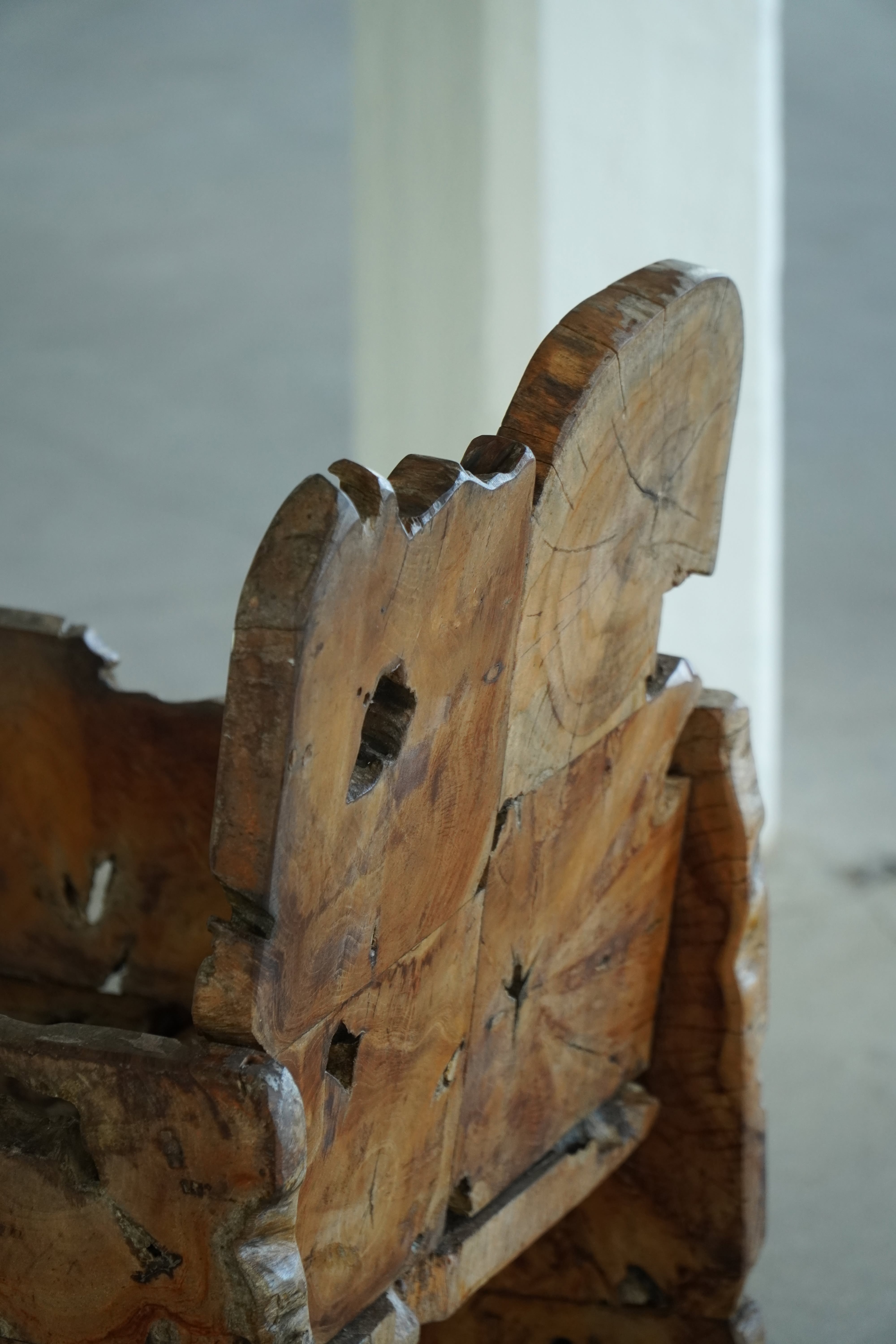 Unique wooden armchair in primitive Scandinavian "wabi-sabi" style, 20th century, 1950s.