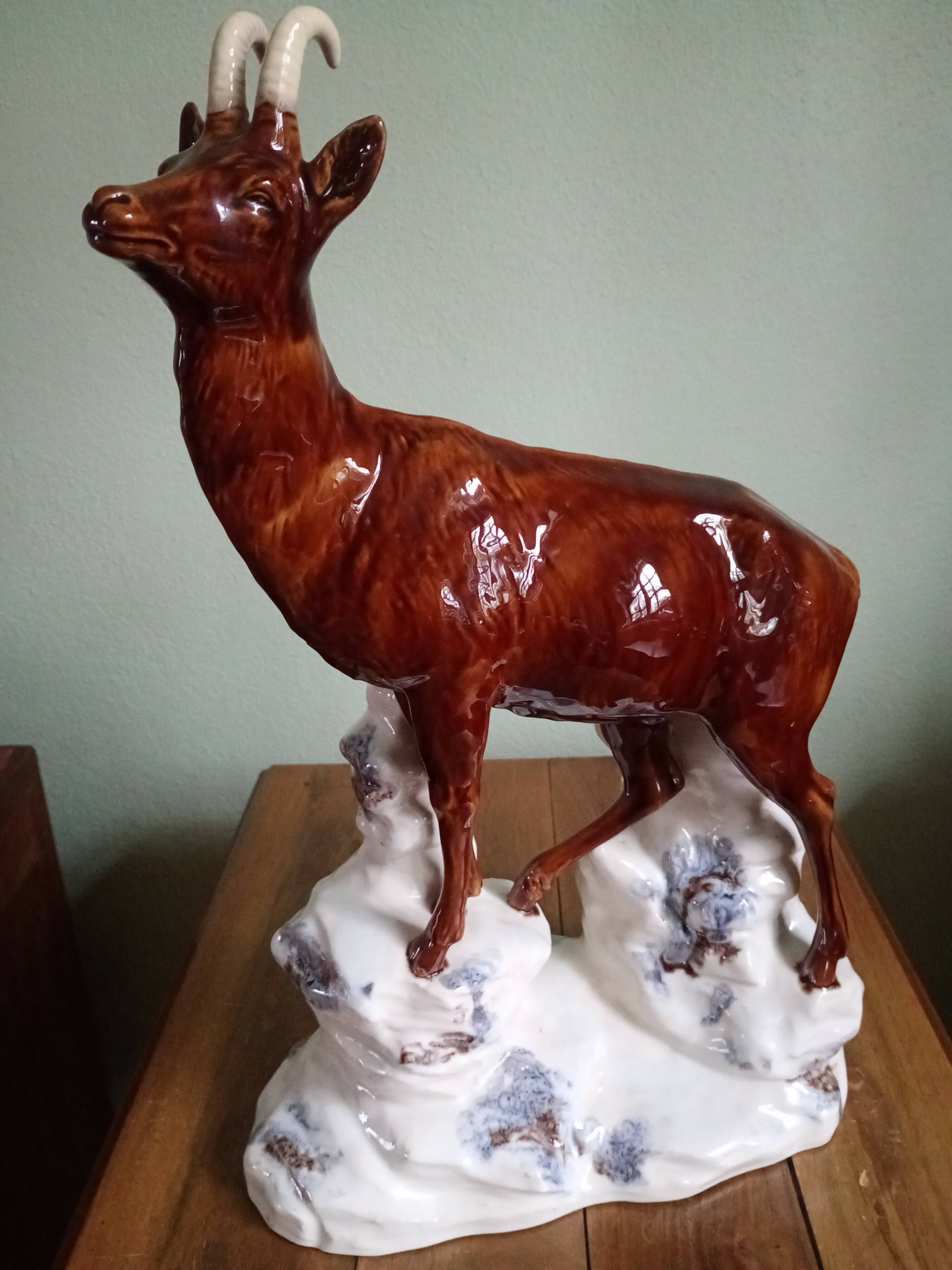 CHAMOIS animal statuette on a rock - enameled ceramic