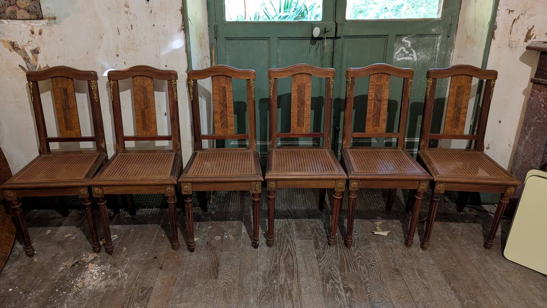 Set of 6 Louis XVI chairs in marquetry wood and caning.