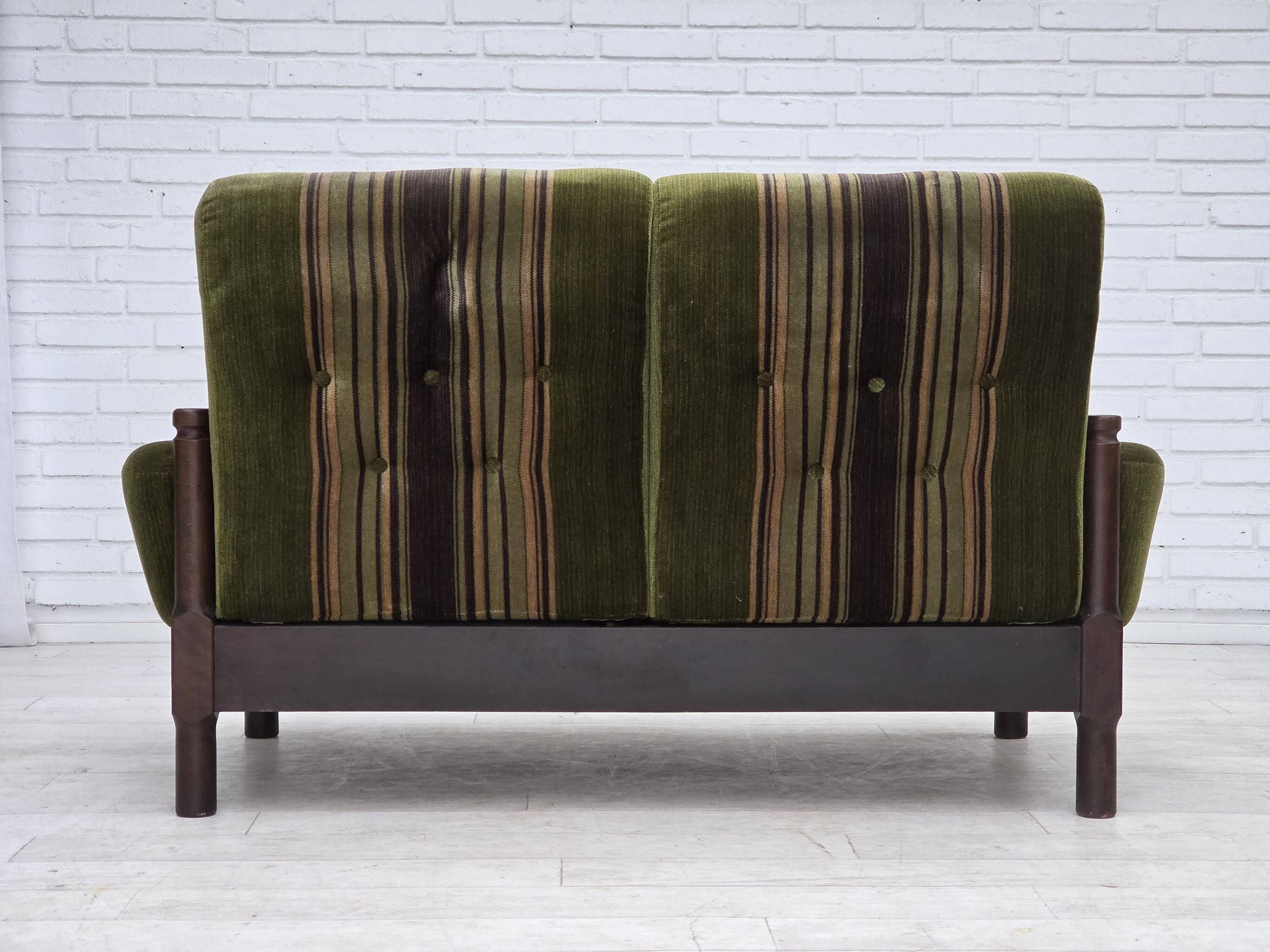 1970s, Scandinavian 2-seater sofa, green furniture velour, beech wood.