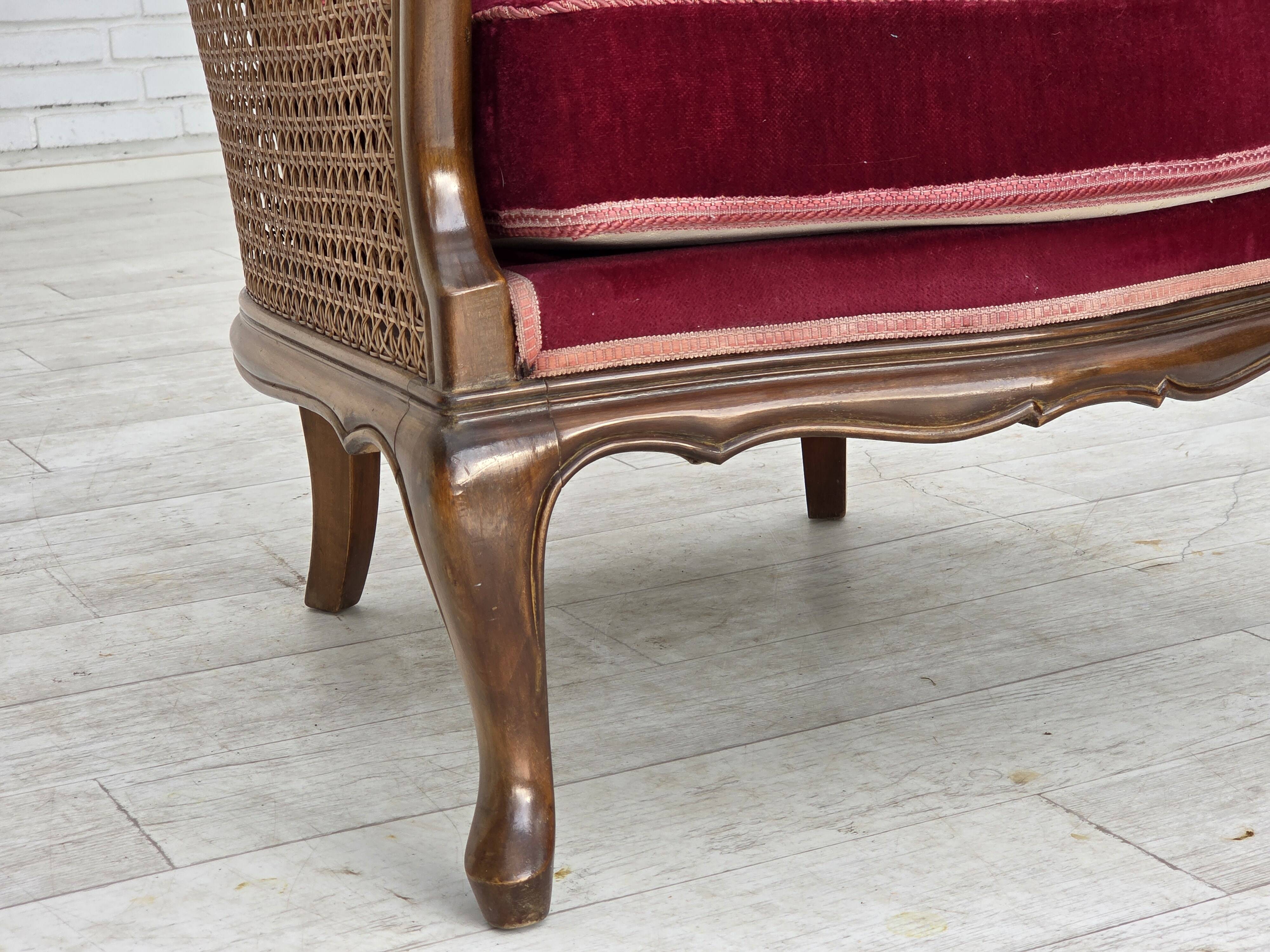 1950s, Danish armchair, furniture velour, ash wood,, mesh.