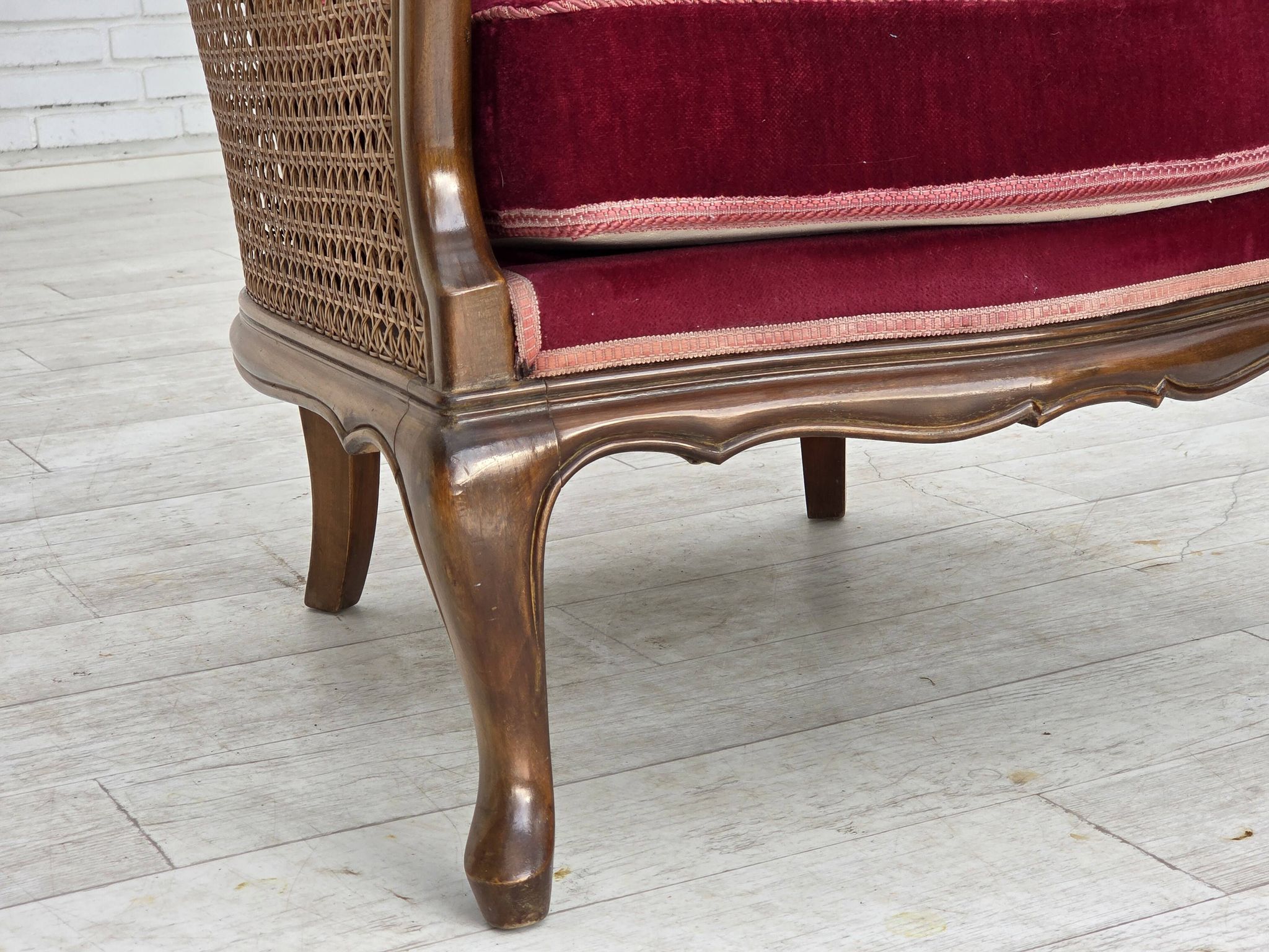 1950s, Danish armchair, furniture velour, ash wood,, mesh.