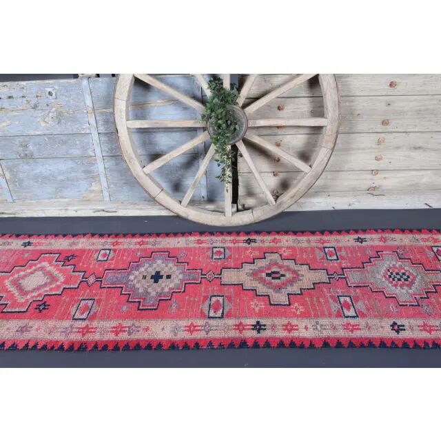 Vintage Turkish Oushak Handmade Wool Cotton Pink Runner Rug 81x337