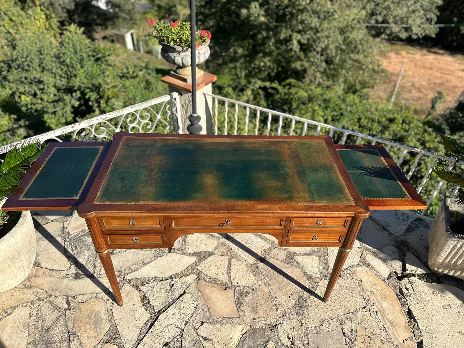 Louis XVI style solid mahogany and bronze flat desk, 19th century