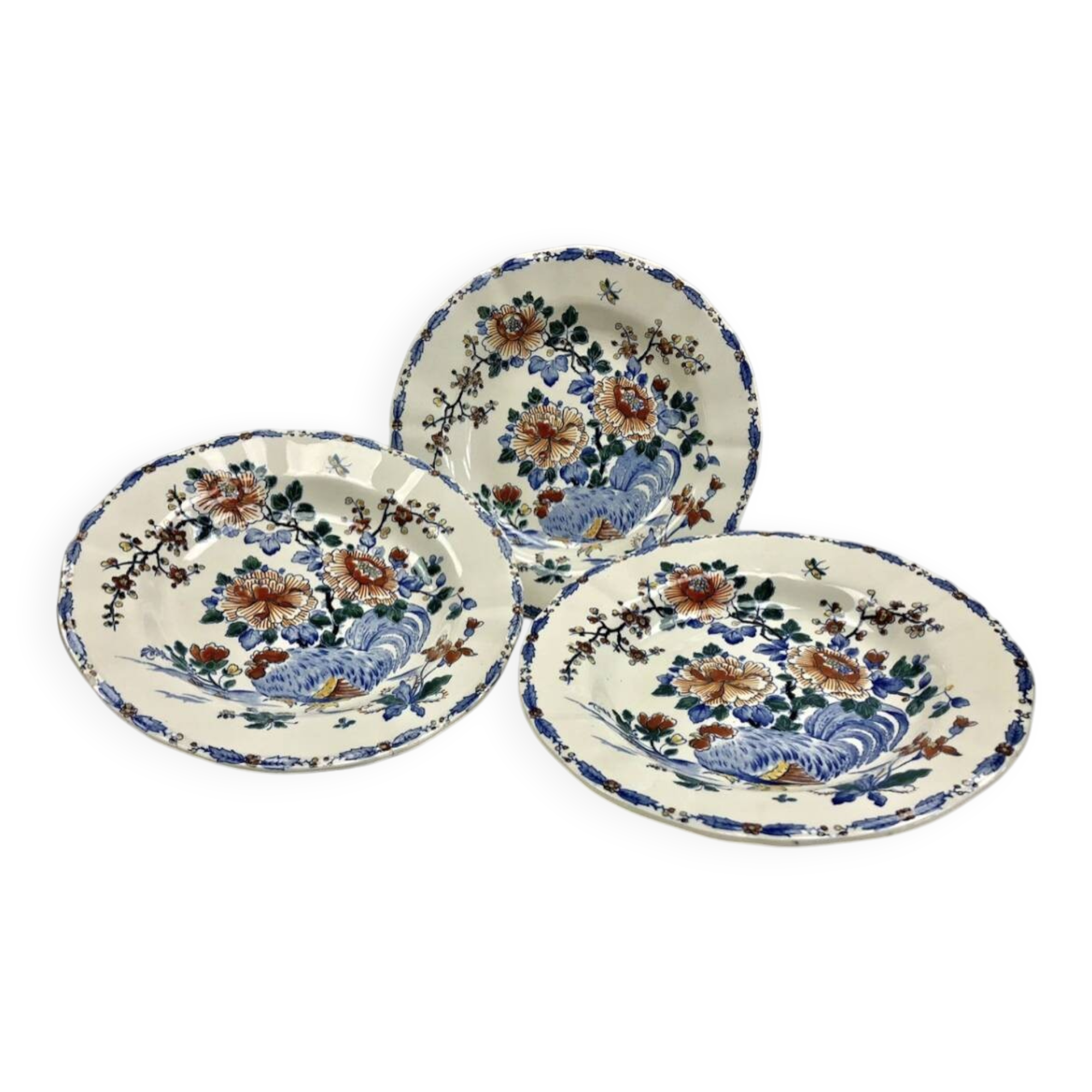 3 deep plates Gien peonies and rooster 1938/1960