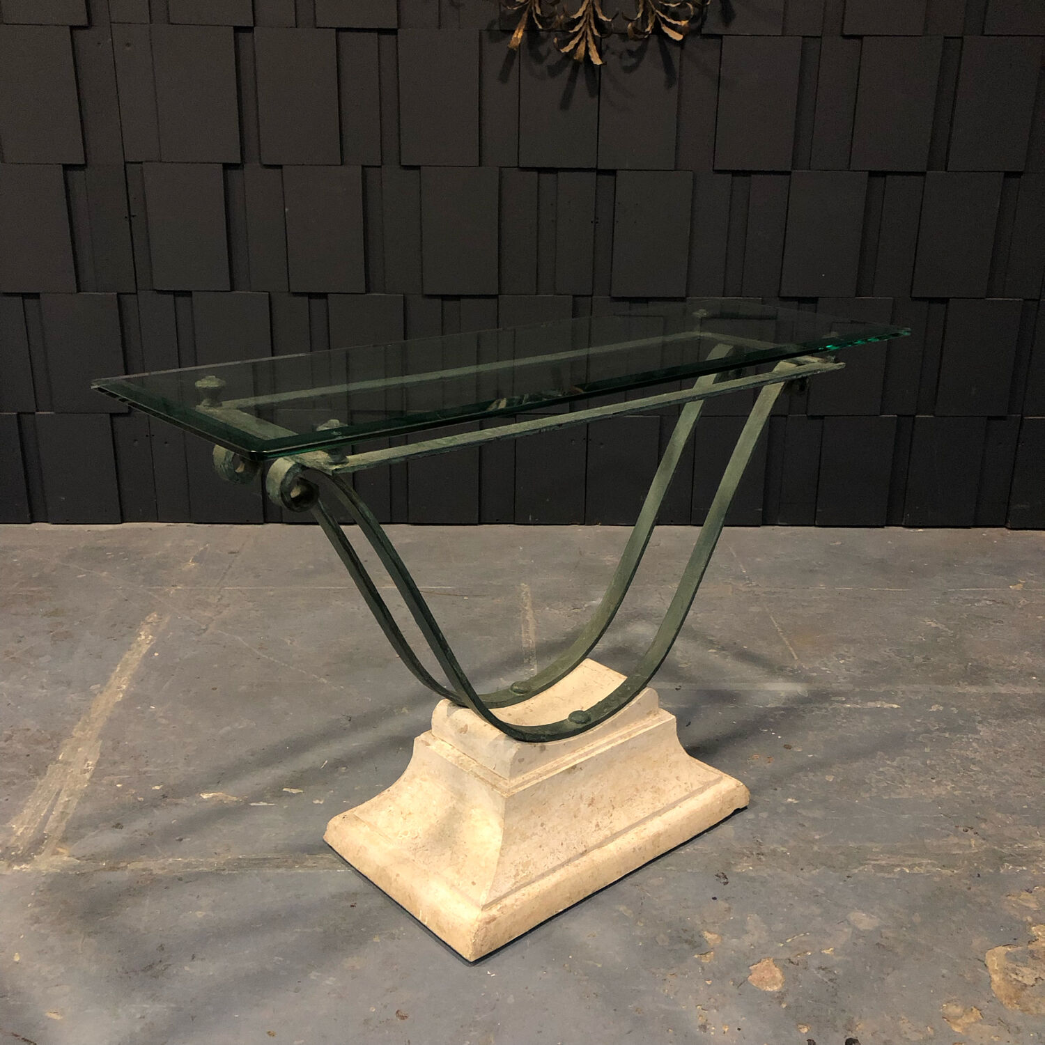 Iron and glass console, antique patina