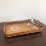 Vintage rectangular braided bamboo platter 1960