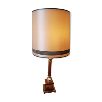 Wood-footed lamp and brass lampshade fabric