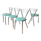 4 chrome chairs with green and white checkered tiles