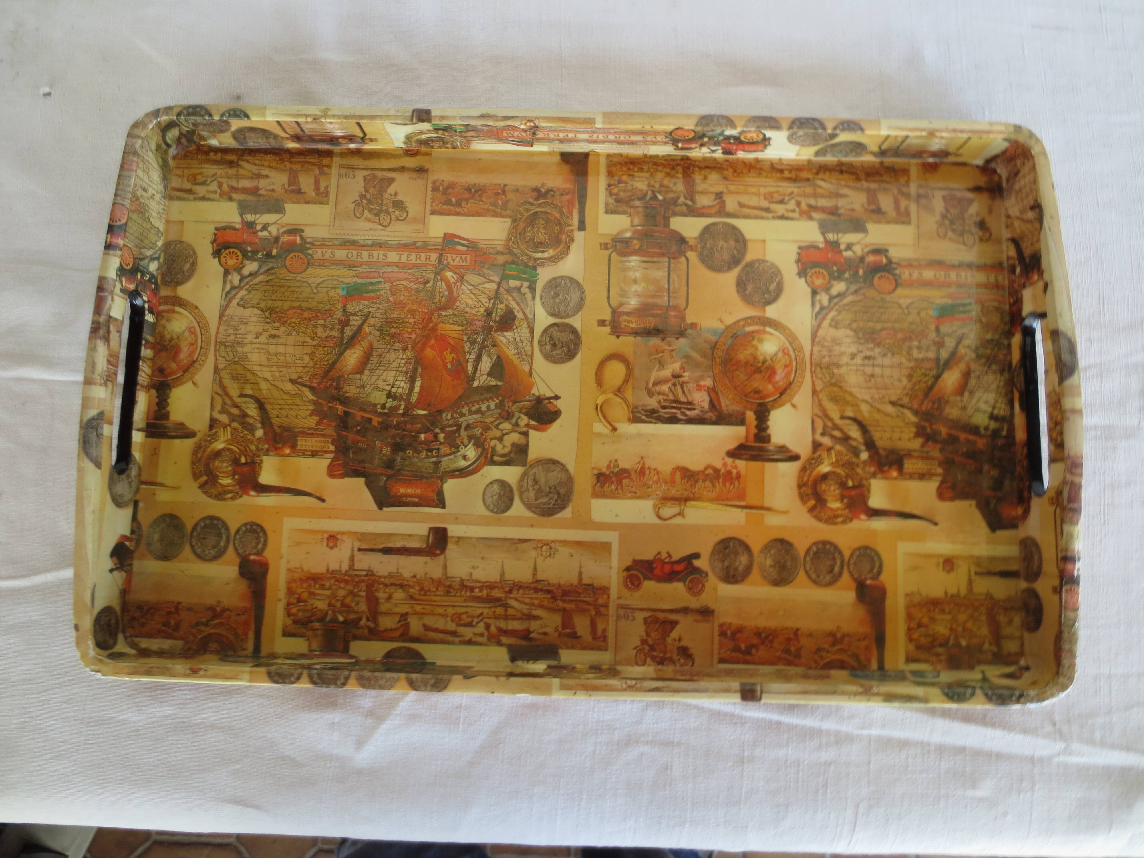 Rectangular wooden tray with a marine design.