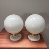 Set of two white opaline ball wall lights