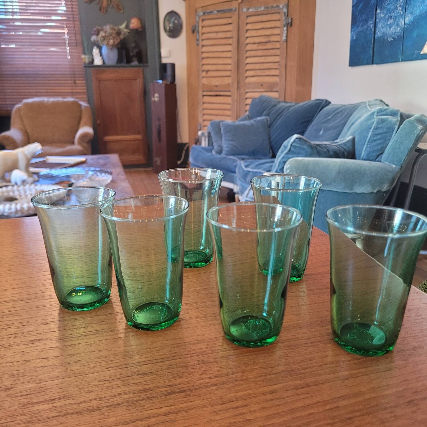 6 green glasses stamped LESIEUR – vintage 60s/70s