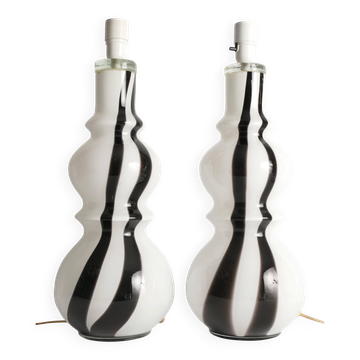 Lampes de table en verre artistique sculptural de style Murano, noir et blanc, années 1960, ensemble de 2