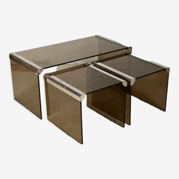 Trio of nesting tables in smoked glass by Gallotti & Radice
