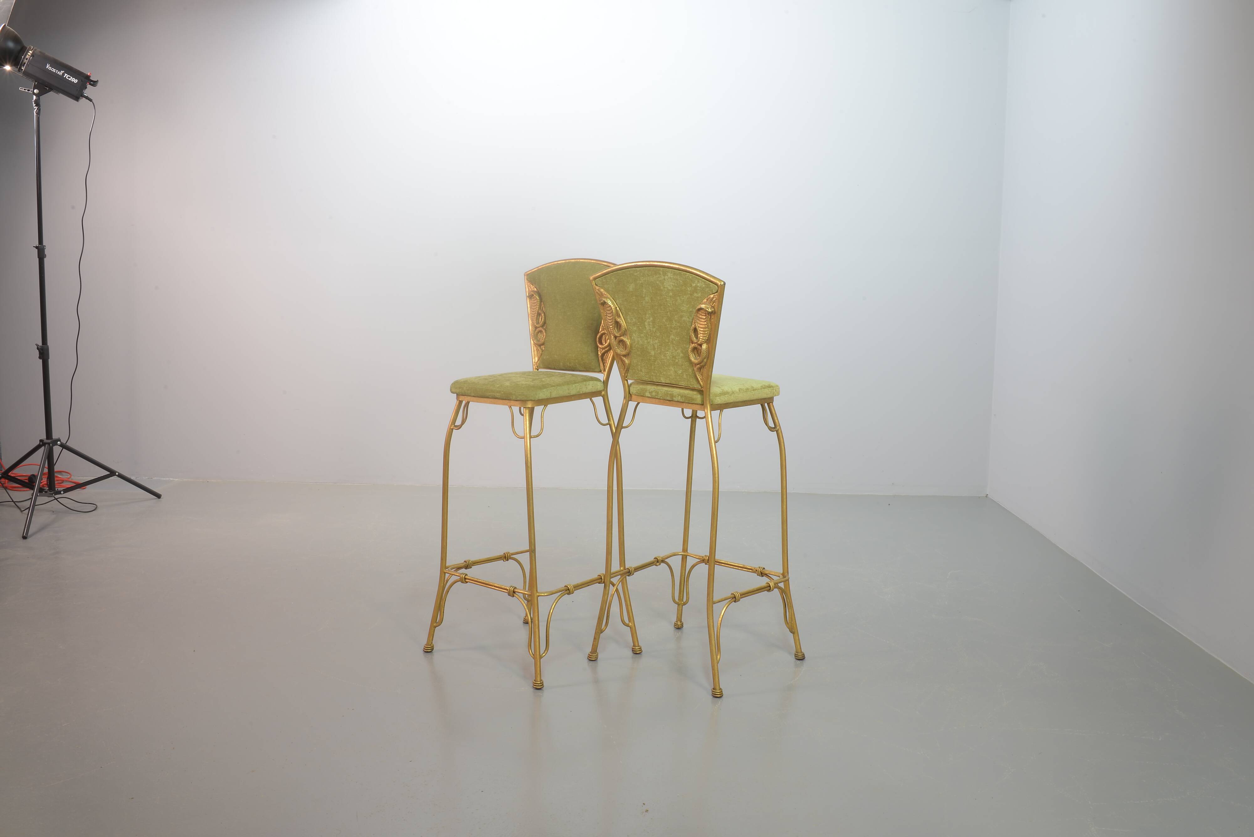 Set of 2 Glamorous Gilded Cobra Bar Stools with Green Velvet Upholstery 70s