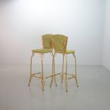 Set of 2 Glamorous Gilded Cobra Bar Stools with Green Velvet Upholstery 70s