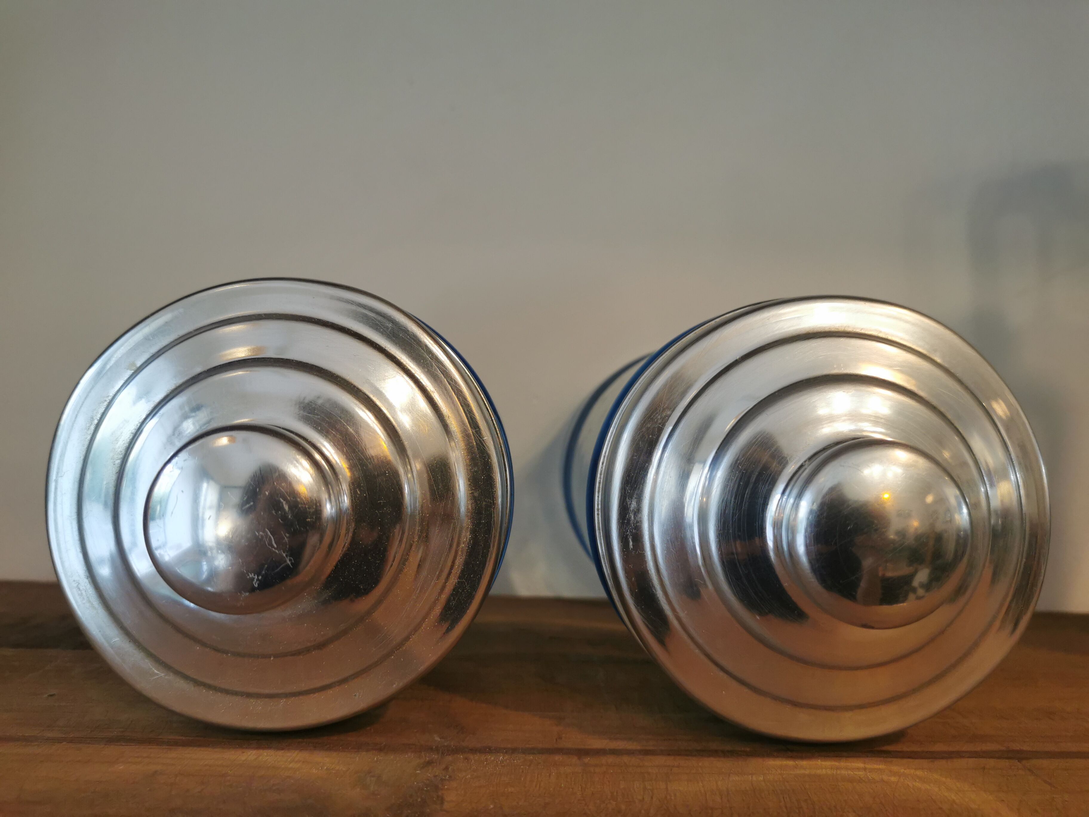 Coffee and sugar jars in blue glass and aluminum