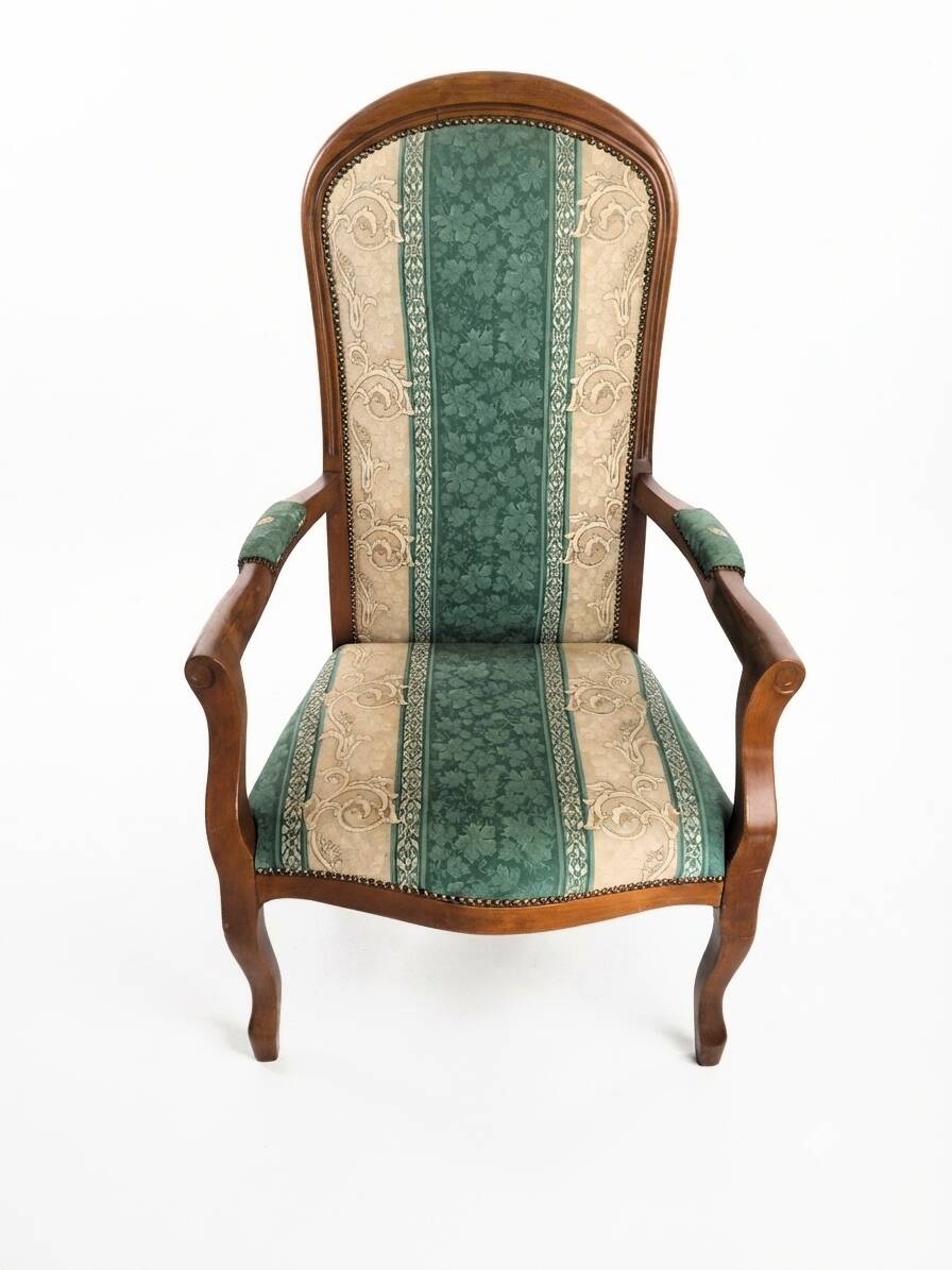 Vintage Voltaire Armchair Green and Beige with Floral Patterns