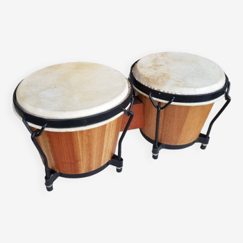 Pair of bongo percussion tam tam wood & skin vintage