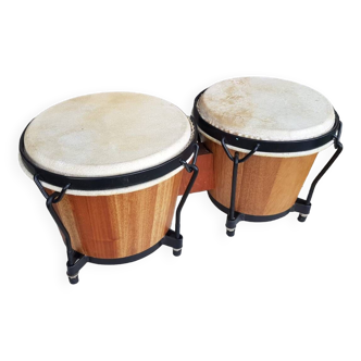 Pair of bongo percussion tam tam wood & skin vintage