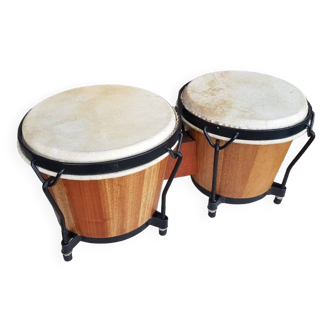 Paire de bongo percussion tam tam bois & peau vintage