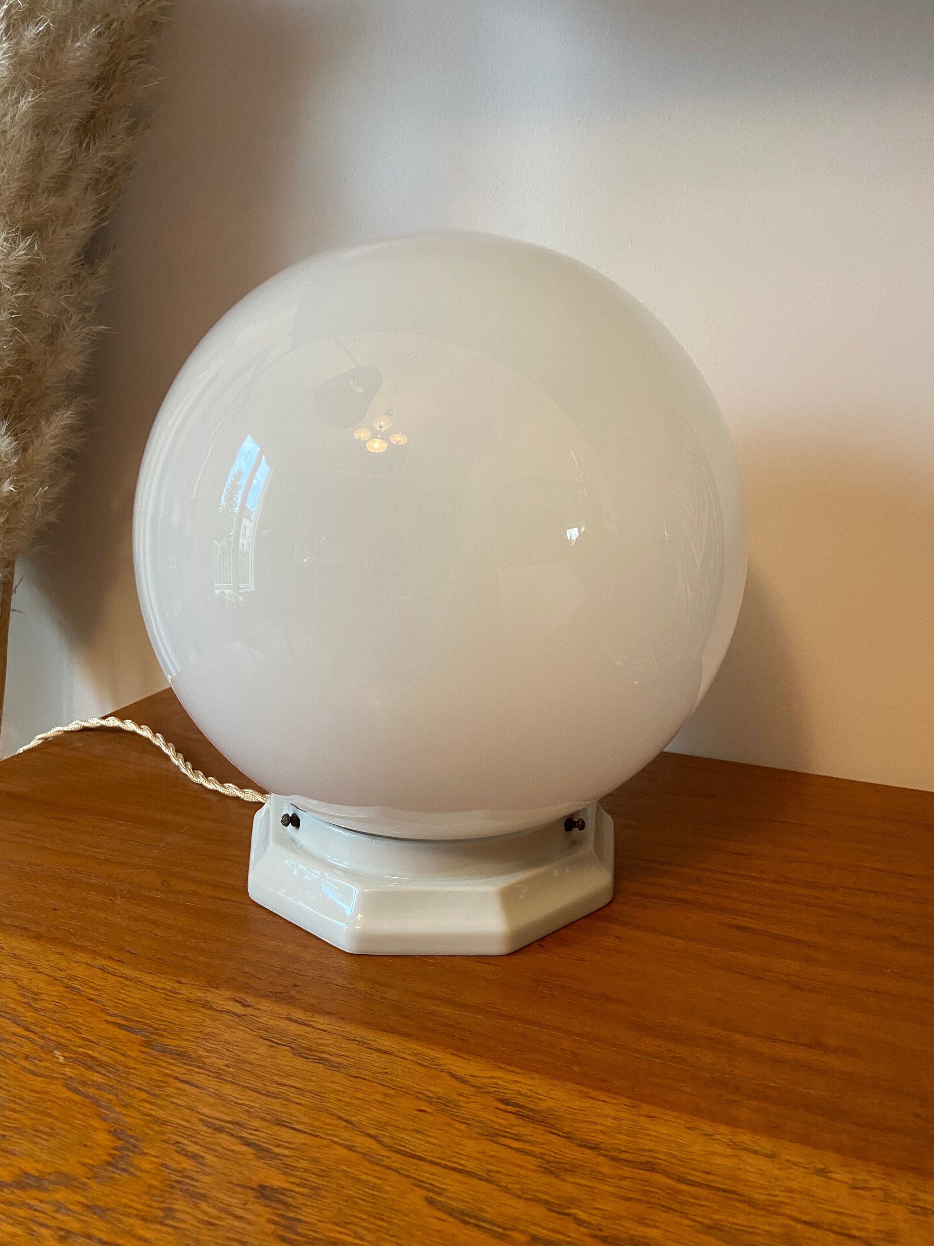 Vintage table lamp opaline ball and earthenware base