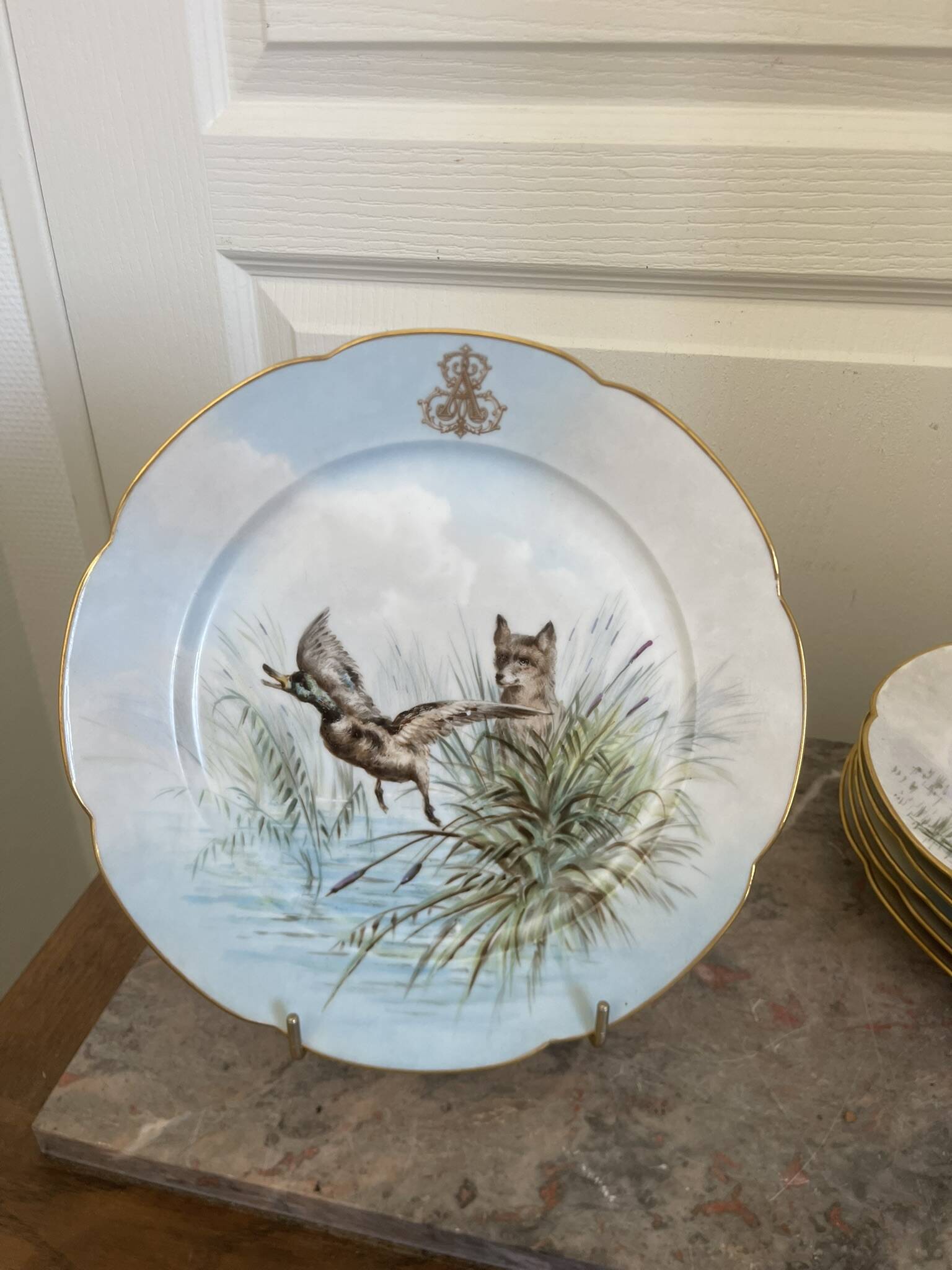 Antique 6x Sèvres Porcelain Plates Lahore & Basket 19th Century Hunting