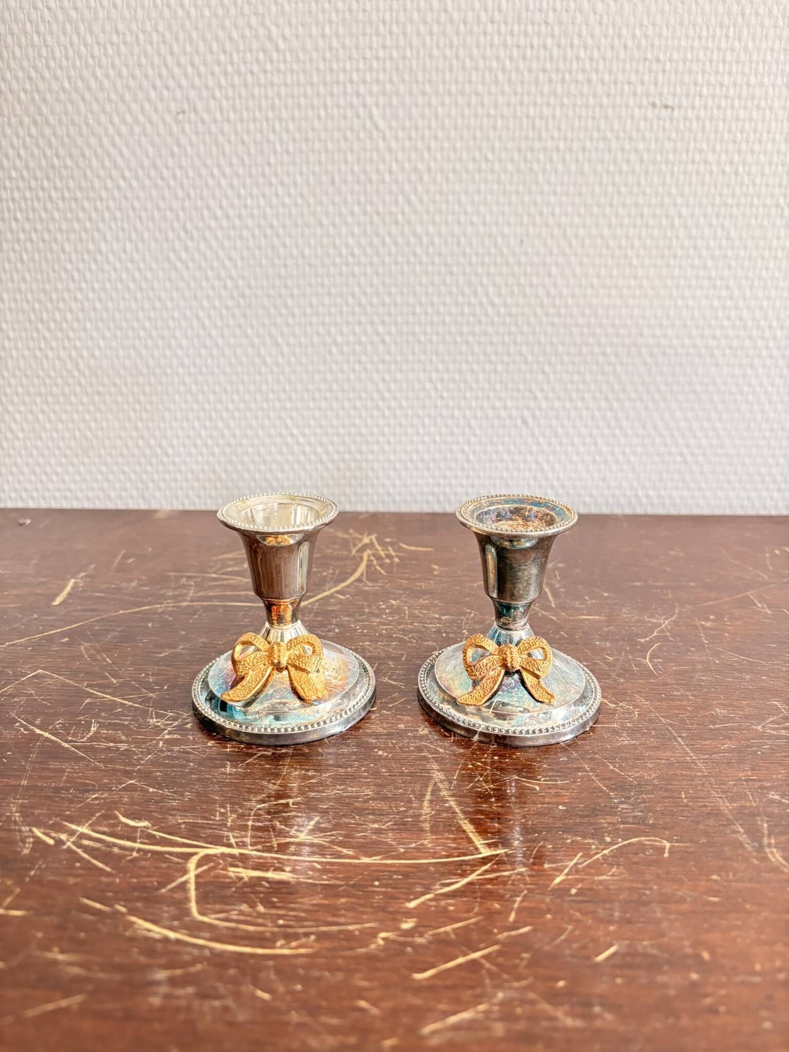 Antique Pair of Silver-Plated Metal Candle Holders with Golden Bow Louis XVI