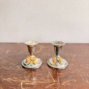 Antique Pair of Silver-Plated Metal Candle Holders with Golden Bow Louis XVI