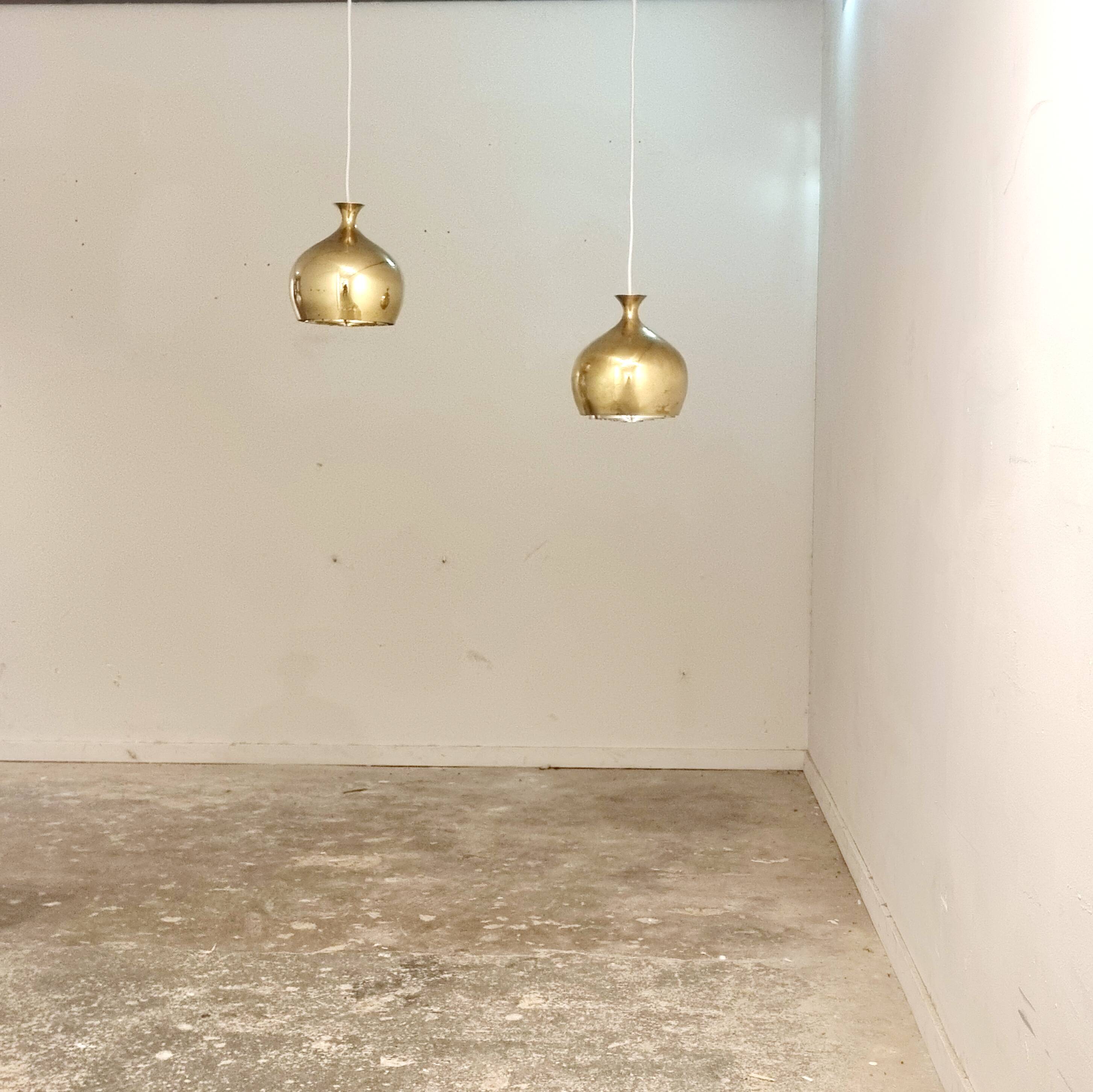 Set of Two Elegant Brass Pendant Lamps Löken by Helge Zimdal for Falkenberg