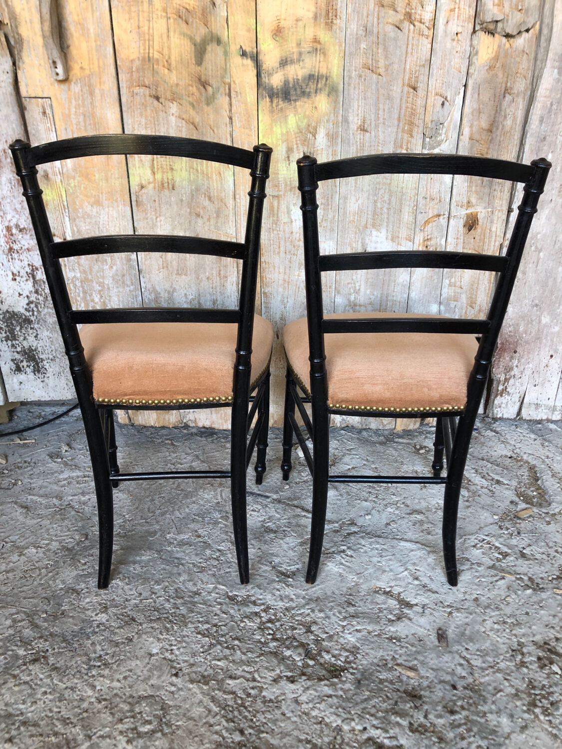 Pair of chairs napoleon 3 black wood & seat velour pink vintage #a196