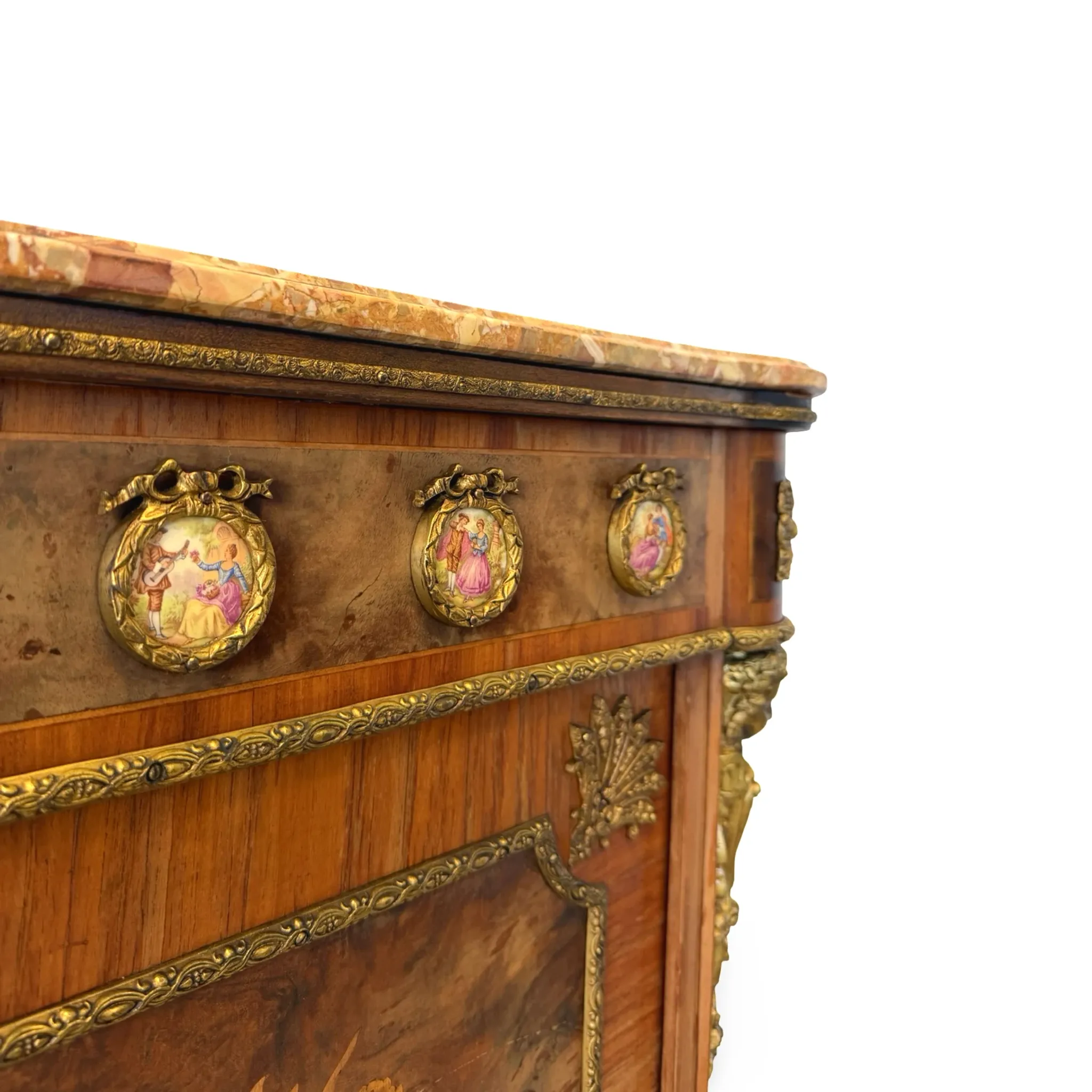 An antique French Louis XVI-style marble-top side cabinet