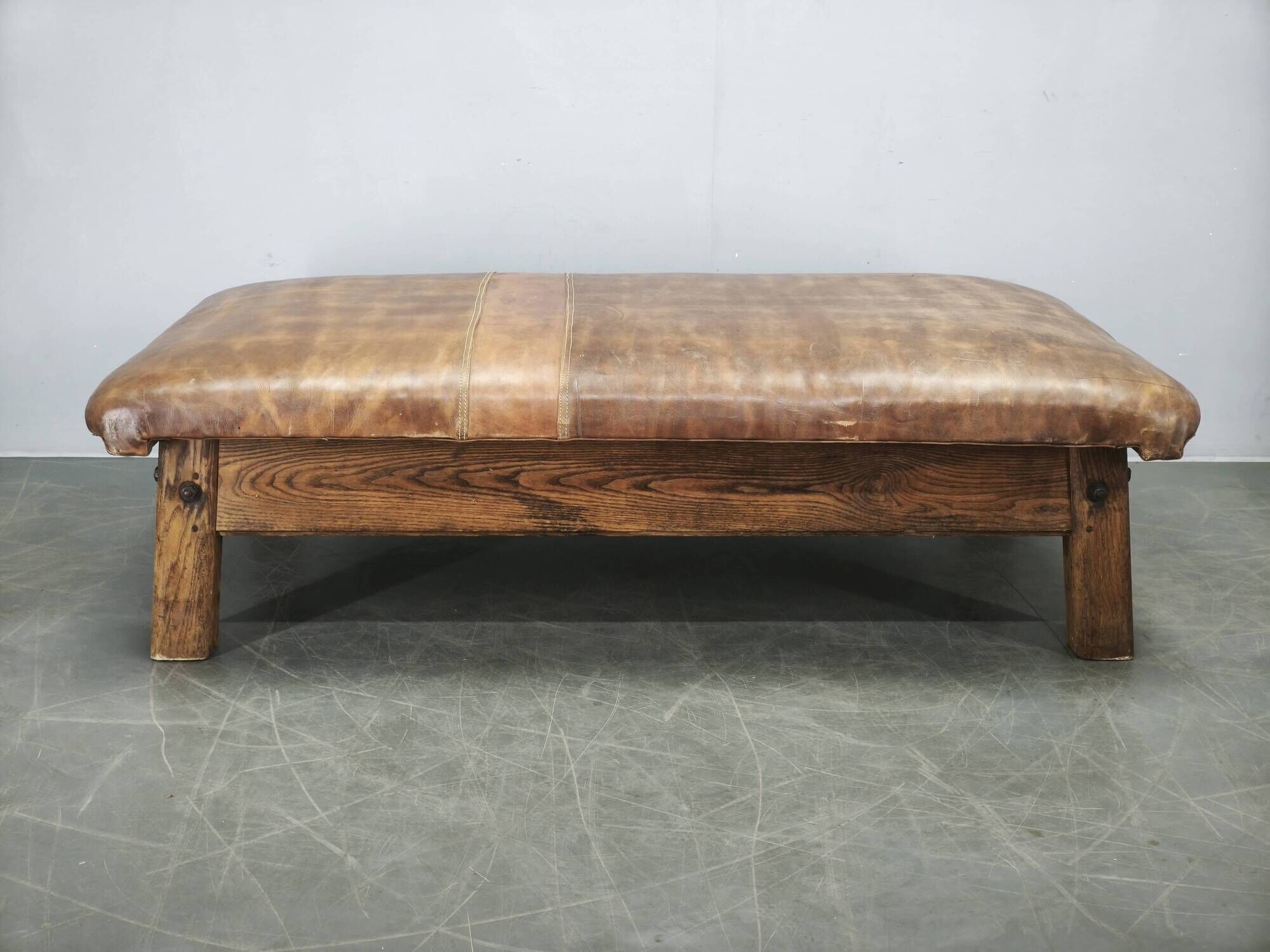 1940s Czechoslovak Oak and Patinated Leather Gym Bench
