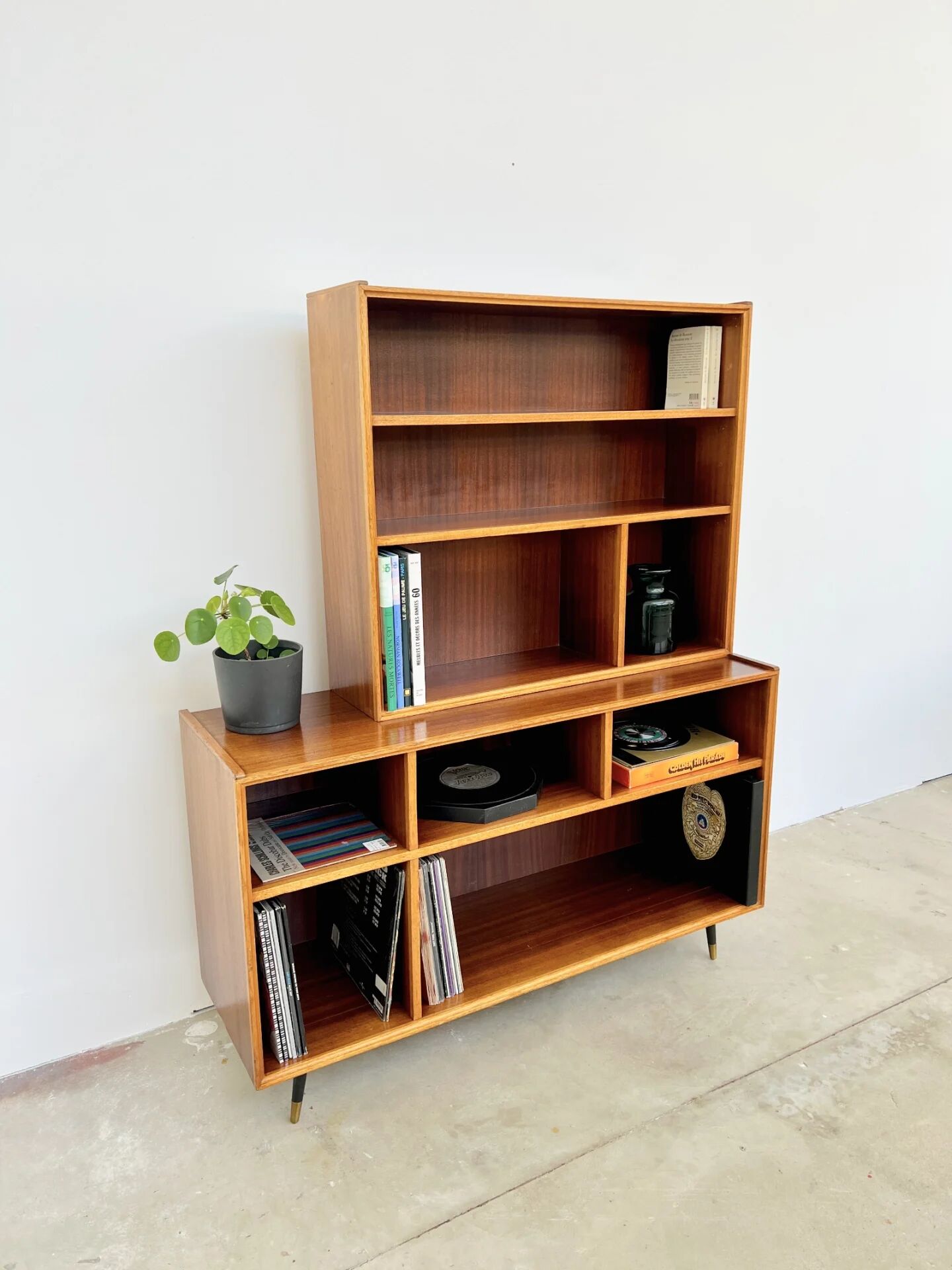 Asymmetrical mahogany bookshelf — 2 offset elements, custom-made, 1960s