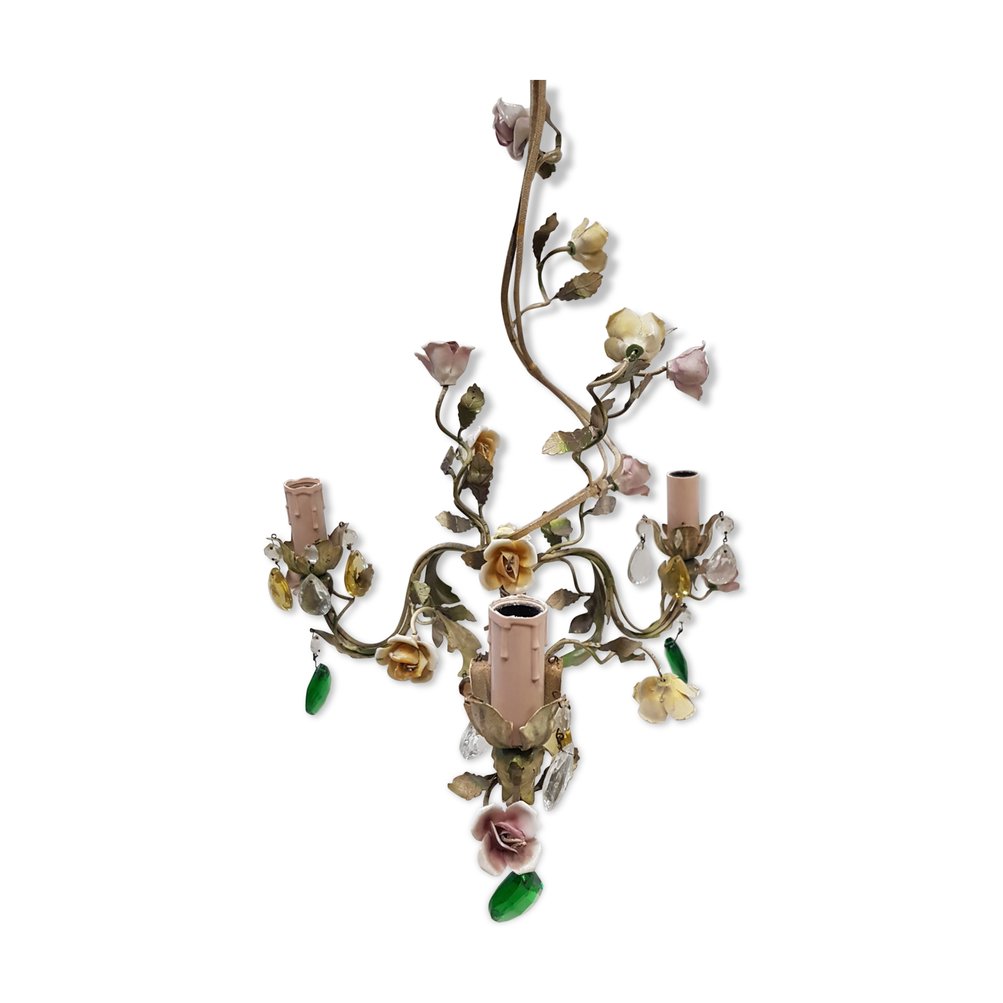 Luste métal peint décor de fleurs en faïence