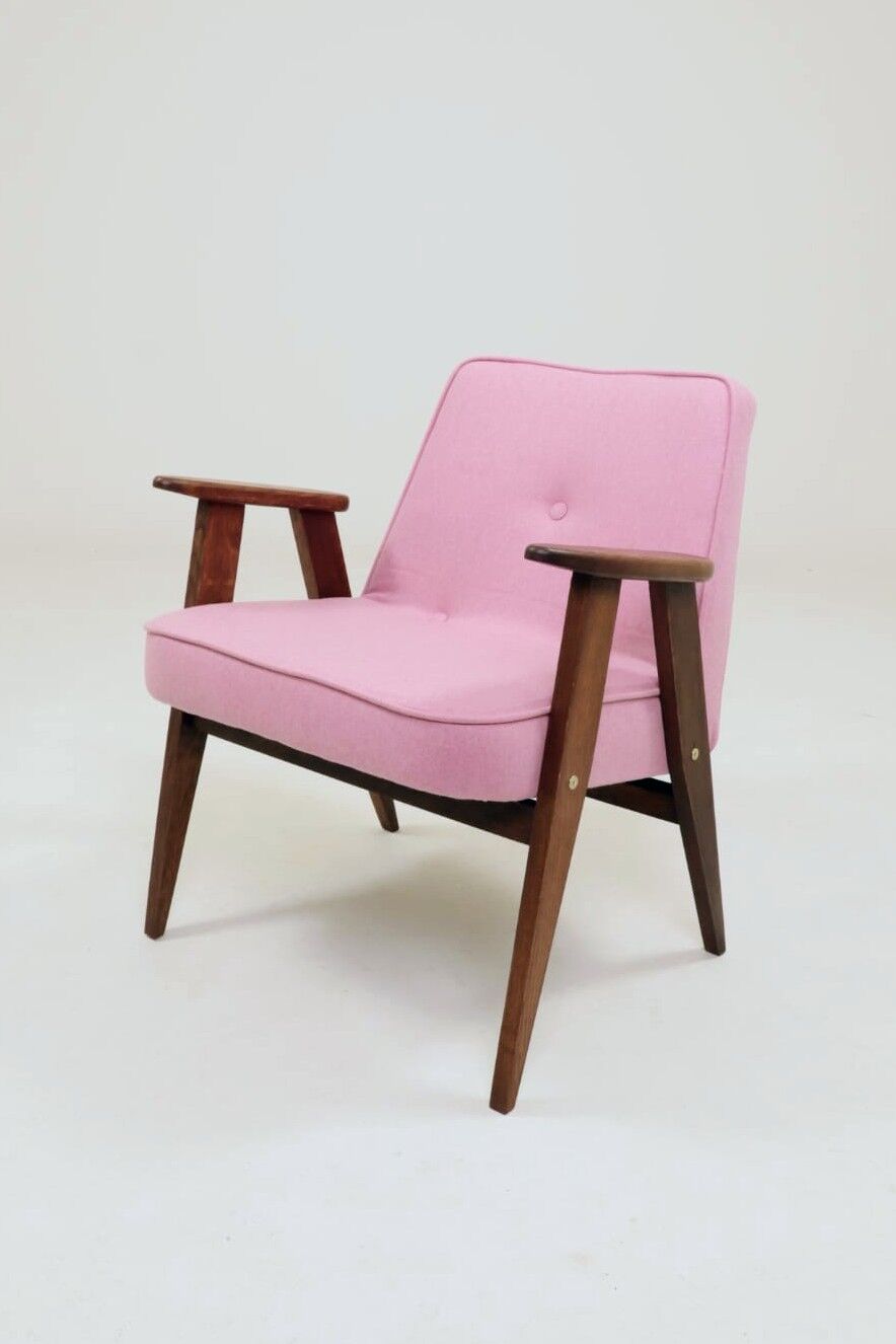 Pink Armchair Vintage Pastel wool fabric, Oak wood