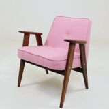 Pink Armchair Vintage Pastel wool fabric, Oak wood