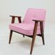 Vintage pink armchair in pastel wool fabric, oak wood.