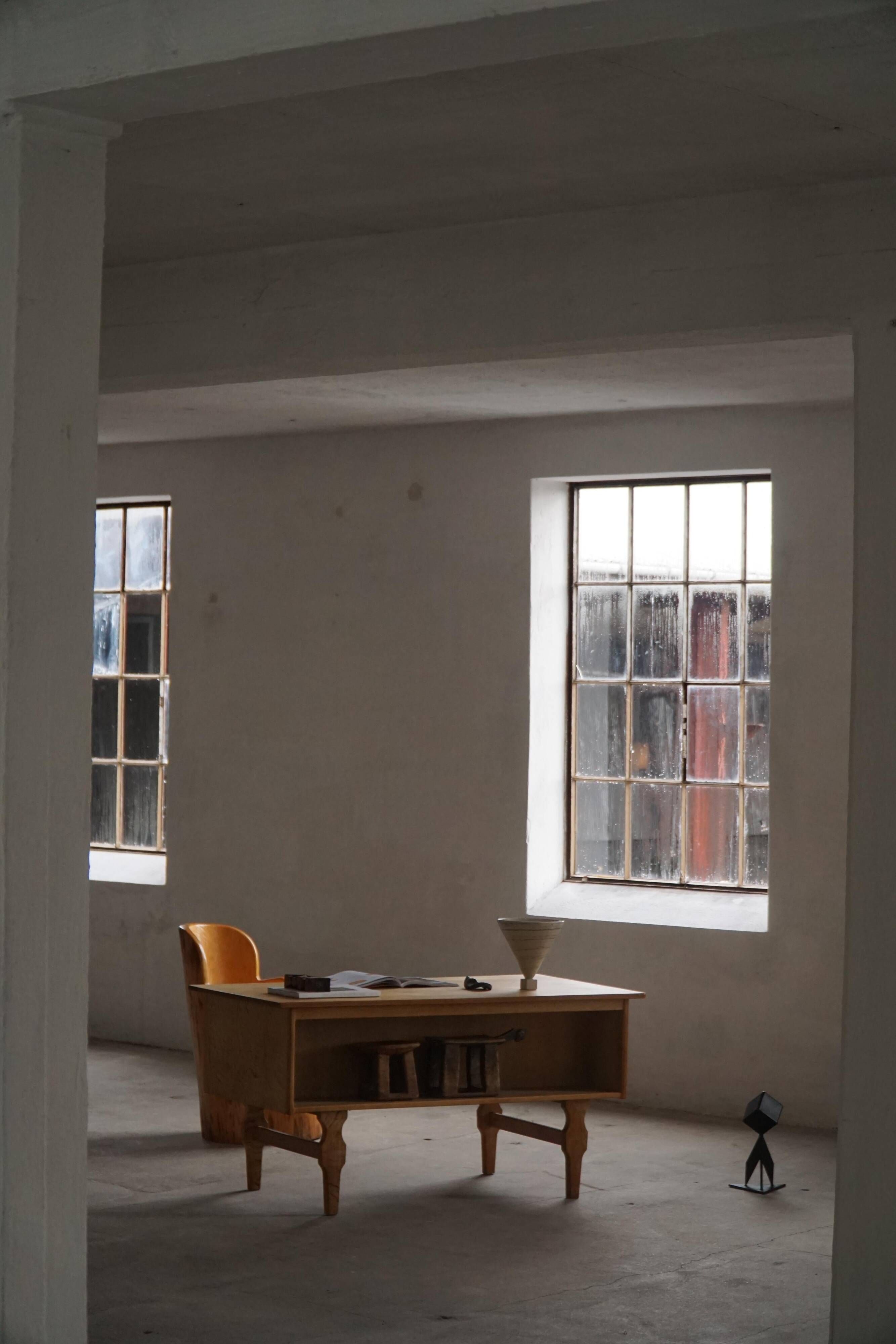 Free-standing oak desk by Henning Kjærnulf, mid-century Danish modernism, 1950s.